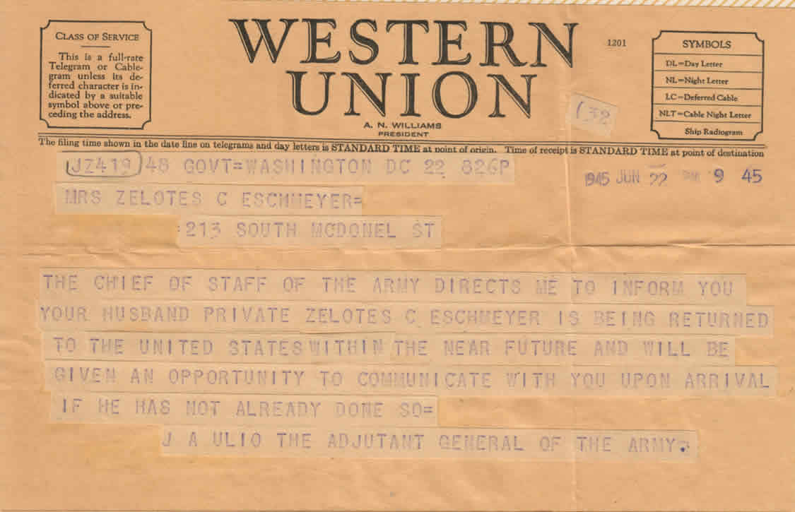 Zelotes Eschmeyer-Western Union-Return to USA.