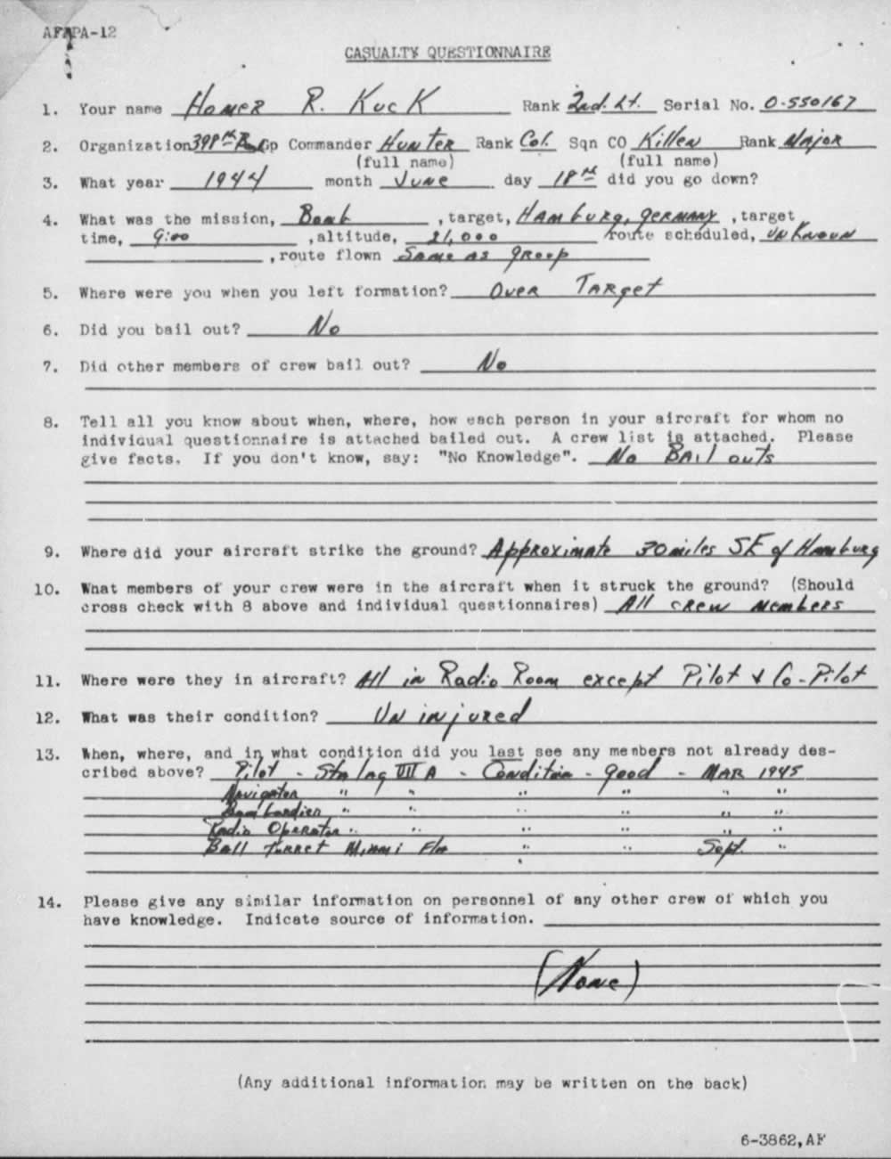 Casualty questionnaire report by Homer Kuck 